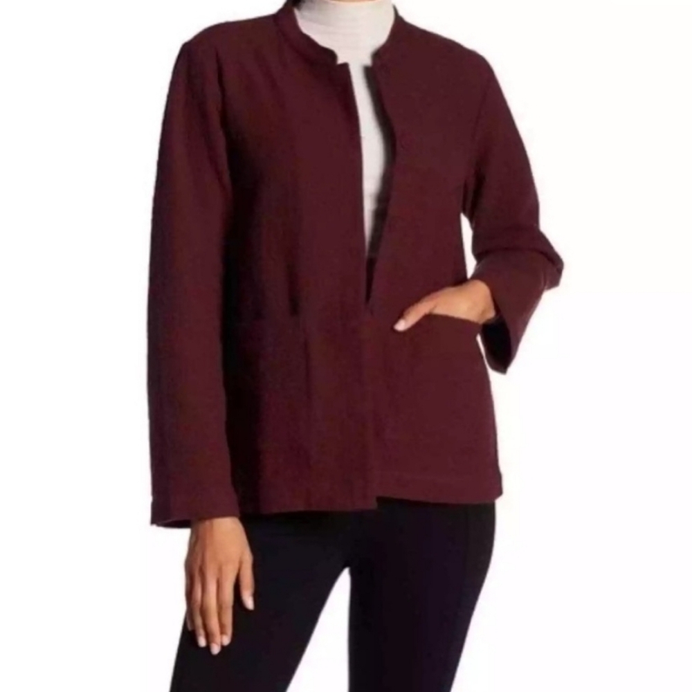Eileen Fisher $295 Crinkled 100% Organic Cotton Blazer Size L Maroon